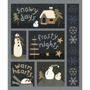 Puede incluir: Un panel de tela con temática invernal con varias escenas. El panel superior dice "snowy days" con una casa y un muñeco de nieve. El panel central dice "frosty nights" con estrellas. El panel inferior dice "warm hearts".