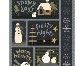 May include: A winter-themed fabric panel with various scenes. The top panel reads "snowy days" with a house and snowman. The middle panel says "frosty nights" with stars. The bottom panel reads "warm hearts" with snowmen.