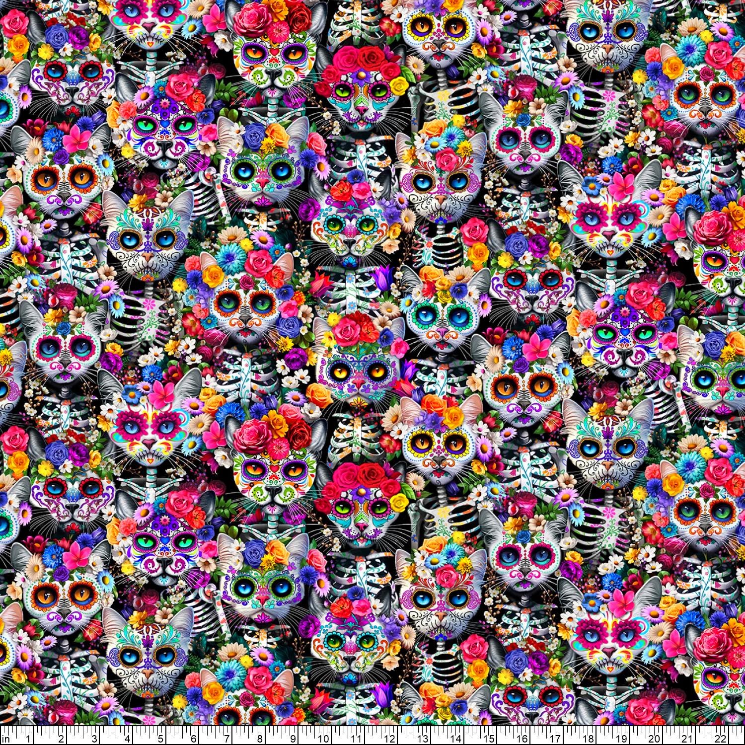 Timeless Treasures Day of the Dead Packed Cats and Floral Multi Cotton ...