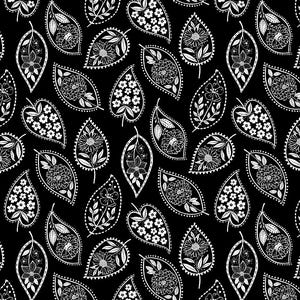 Northcott~Ebony and Ivory~Stylized Leaf~Black~Cotton Fabric by the Yard or Select Length 27720-99