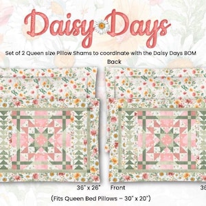 May include: A set of two queen-sized pillow shams with a floral print and a patchwork design. The shams are 36 inches by 26 inches and fit queen-sized bed pillows that are 30 inches by 20 inches. The shams are part of the Daisy Days BOM.
