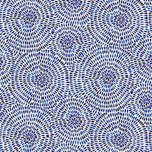 以下が含まれることがあります： 青と白の円がシームレスに繰り返されるパターン。円は中心から外側に放射状に広がる小さな涙滴型の点で構成されています。