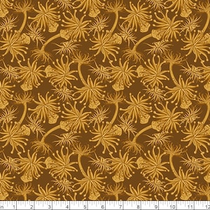 Puede incluir: Un patrón sin costuras que presenta un diseño repetitivo de flores doradas estilizadas sobre un fondo marrón. Las flores tienen un diseño delicado e intrincado con múltiples pétalos y un capullo central.