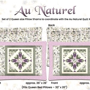 May include: Set of two Queen size pillow shams with the text "Au Naturel". Each pillow sham features a central geometric design in shades of purple, green, and white, framed by a light pink border. The approximate size is 36" x 26".