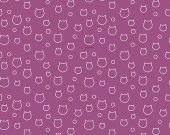 May include: A seamless pattern of white outline cat faces on a solid purple background. The cat faces are all facing forward and have simple features. There are also small white circles scattered throughout the pattern.