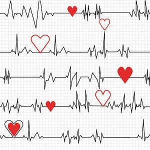 Pu&ograve; includere: Un design grafico con un motivo ripetitivo di cuori rossi e linee EKG nere su uno sfondo a griglia bianca.