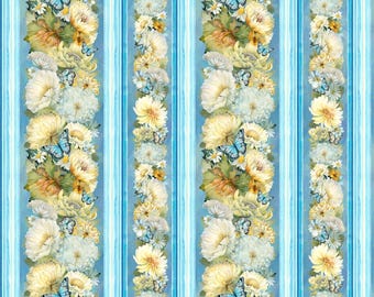 EOB Timeless Treasures Forest Whisper Floral Repeating Border Stripe Digital Blue Cotton Fabric by the Yard or Select Length CD3682-BLUE