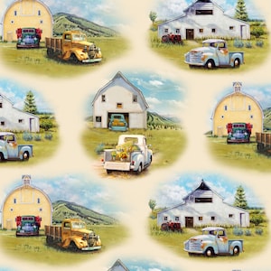 EOB~Elizabeth Studios~Vintage Trucks~Trucks Scenic~Cream~Cotton Fabric by the Yard or Select Length 21001E-CRM