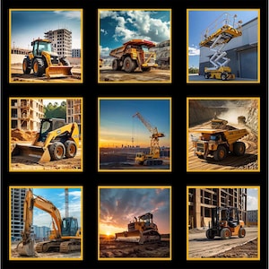 May include: A grid of nine yellow construction vehicles including a tractor, dump trucks, a scissor lift, a skid steer loader, a crane, an excavator, a bulldozer, and a forklift, all displayed in various outdoor work environments.