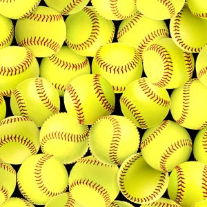 May include: A close-up shot of multiple yellow softballs with red stitching. The softballs are arranged closely together, creating a repeating pattern. The background is black.
