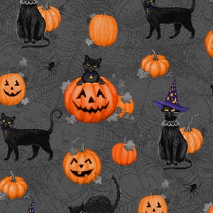 EOB~Wilmington Prints~Meow-Gical Night~Katzen und Kürbisse Allover~Schwarz~Baumwollstoff Meterware oder Länge auswählen 96474-998
