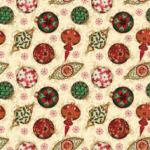 EOB~Blank Quilting~All Spruced Up~Tossed Ornaments~Ivory~Cotton Fabric by the Yard or Select Length 2770-41