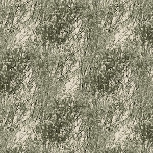 Puede incluir: Un patrón sin costuras con una densa disposición de delicadas ramas verde claro y diminutas flores blancas. Las ramas crean un diseño texturizado e entrelazado sobre un fondo suave y blanquecino, evocando un tema natural y botánico.