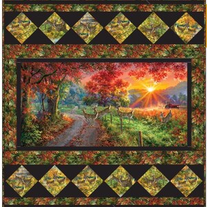 May include: A quilt featuring a scenic autumn landscape with a dirt road leading through a forest with deer and a tractor in the distance. The quilt has a black background with a border of black bears and fall leaves.