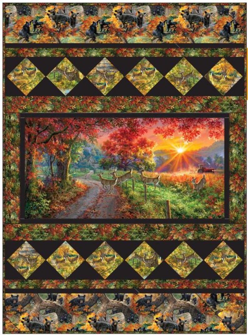 May include: A quilt featuring a scenic autumn landscape with a dirt road leading through a forest with deer and a tractor in the distance. The quilt has a black background with a border of black bears and fall leaves.