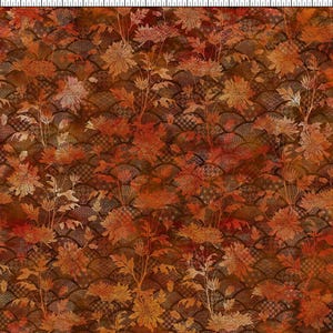 May include: A patterned fabric featuring a floral design in autumnal hues of orange, rust, and brown. The pattern includes stylized flowers and foliage set against a backdrop of geometric shapes. The fabric's warm colour palette makes it suitable for craft projects.