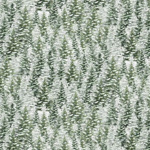 May include: A repeating pattern of evergreen trees covered in snow. The trees are a muted green color, and the snow is white. The image has a wintery, forest theme.