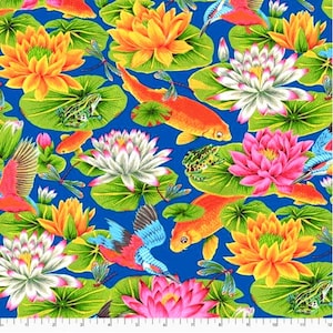 May include: A blue background with a repeating pattern of water lilies, goldfish, dragonflies, and kingfishers. The water lilies are in shades of pink, white, and yellow. The goldfish are orange and the dragonflies are blue. The kingfishers are blue and green.