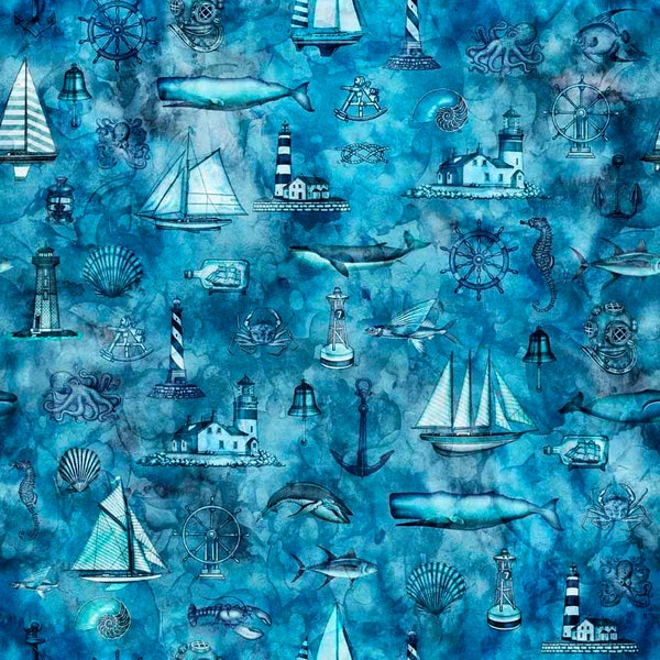 Quilting Treasures~Sirens Call~Coastal Collage~Digital~Blue~Cotton Fabric by the Yard or Select Length 29995-B