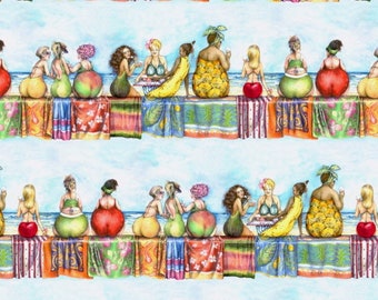 Elizabeths Studio - Fruit Ladies - Bordüre Gestreift - Multi - Baumwollstoff Meterware oder Länge auswählen 1502E-BLU