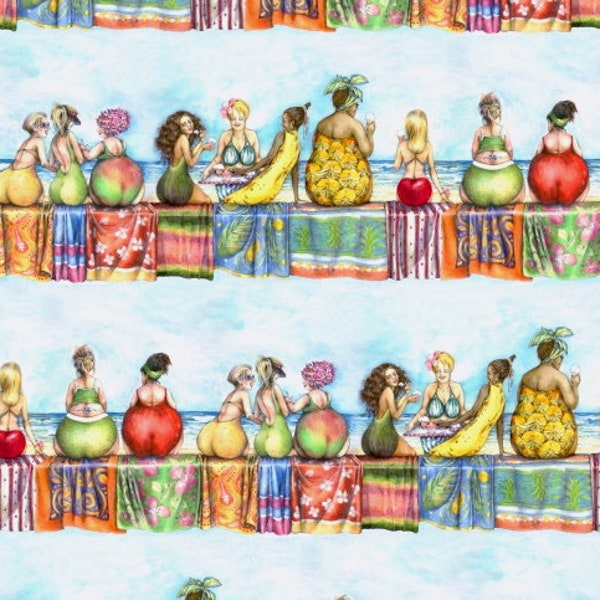 Elizabeths Studio - Fruit Ladies - Border Stripe - Multi - Cotton Fabric by the Yard or Select Length 1502E-BLU