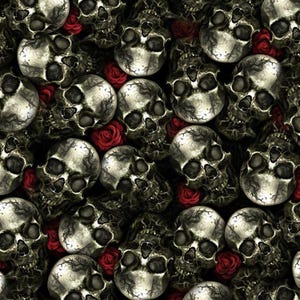 May include: A repeating pattern featuring metallic silver skulls with dark, intricate vine-like textures etched into the bone surface, interspersed with vibrant red roses against a deep black background, creating a dense, high-contrast graphic design.