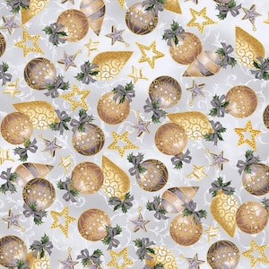 Hoffman~Holiday Elegance~Ornaments w/ Metallic Gold~Light Gray~Cotton Fabric by the Yard or Select Length V7168-674G