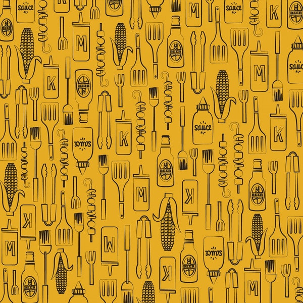 EOB~Henry Glass~Peace Love & BBQ~BBQ Motifs Monotone~Gold~Cotton Fabric by the Yard or Select Length 9512-44