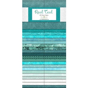 May include: A collection of teal fabric squares in a variety of patterns and shades. The fabric is labelled "Real Teal" with the text "40 Karat Gems" above the website address. The fabric features floral, polka dot, and geometric designs in shades of teal and turquoise.