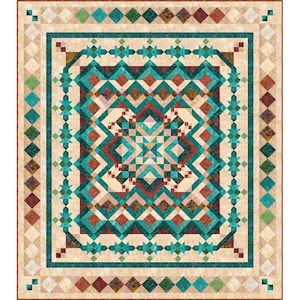 May include: A colorful quilt with a geometric pattern in shades of teal, brown, and red. The quilt is made up of squares and triangles, and it has a border of diamonds.