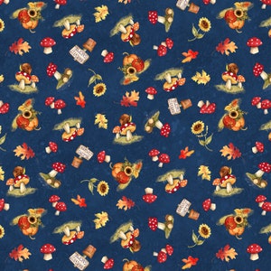 May include: A repeating pattern on a dark blue background features autumn-themed illustrations. Pumpkins, sunflowers, red-capped mushrooms, and fall leaves are scattered across the surface. Some images include the text "HARVEST GNOME".