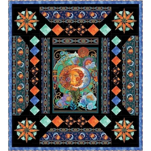 May include: A quilt with a black background and a central panel featuring a colorful sun and moon design. The quilt is bordered by a variety of geometric patterns in shades of blue, orange, and green.
