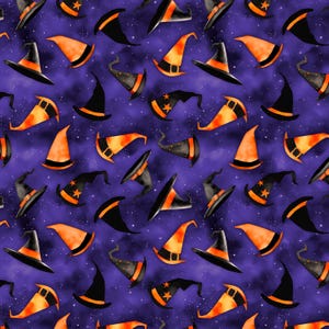 Spooky Tails von Nancy Mink, Wilmington Prints Baumwollstoff, Halloween-Hexenhüte in Lila 33933-689