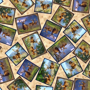 Quilting Treasures~Deer Ridge~Deer Patches~Digital Print~Tan~Cotton Fabric by the Yard or Select Length 28758-A