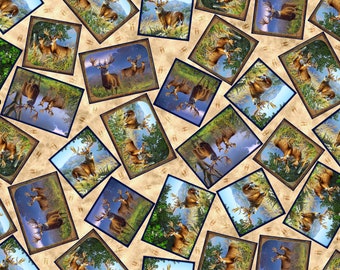 Quilting Treasures Deer Ridge Deer Patches Digital Print Tan Cotton Fabric by the Yard or Select Length 28758-A