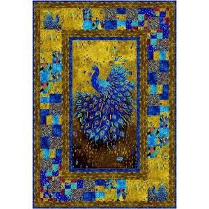May include: A decorative fabric panel featuring a vibrant peacock with a fanned tail, rendered in shades of blue and gold. The peacock is centered on a gold background, surrounded by a patchwork border of blue and gold squares. The overall design is reminiscent of a painting.