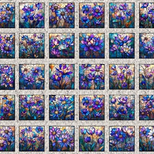 May include: A fabric panel featuring a grid of thirty square blocks, each displaying a unique stained glass style illustration of blue and purple flowers. The background between the floral squares is a light gray with a subtle marbled texture.
