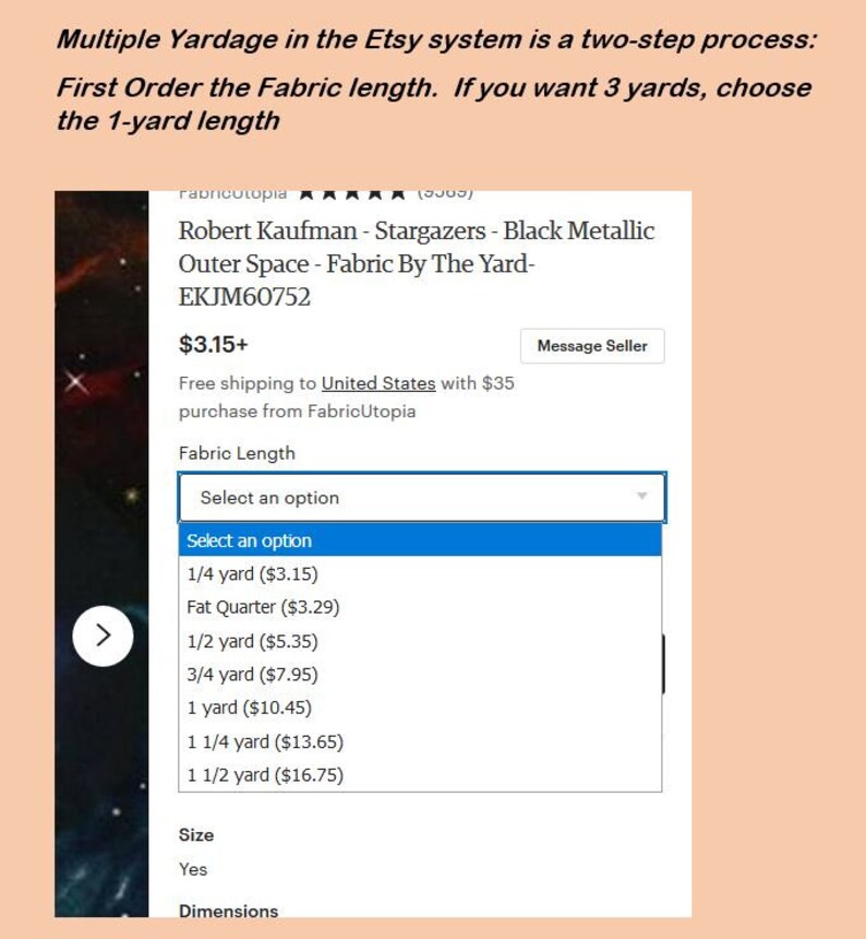 Pu&ograve; includere: Uno screenshot di un annuncio Etsy per tessuto Robert Kaufman Stargazers Black Metallic Outer Space venduto al metro. L'annuncio mostra un menu a tendina per selezionare la lunghezza di tessuto desiderata, con opzioni che vanno da 1/4 di metro a 1 metro e mezzo, e i prezzi corrispondenti.