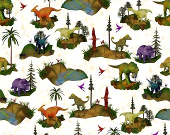 Tela de algodón crema con estampado digital de dinosaurios Hoffman Dino-Mite, cortada a medida o a medida (S4765-33)