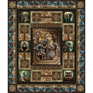 May include: A decorative quilt with a steampunk animal theme. The quilt features a central panel with a giraffe, elephant, and zebra, surrounded by other animal portraits and intricate clockwork-inspired designs. The colour palette includes browns, blues, and golds.