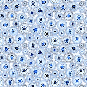 May include: A seamless pattern of blue and white circles with black dots. The circles are of varying sizes and are arranged in a random pattern.