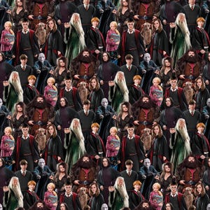 May include: A repeating pattern featuring numerous characters from the Harry Potter film series. The characters are dressed in various outfits, including Hogwarts uniforms and robes. The color palette includes black, red, brown, and green.