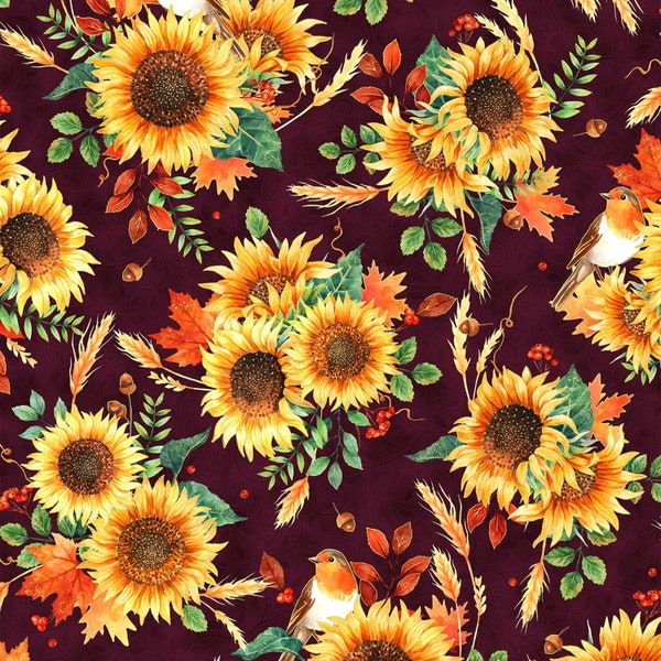 Hoffman~Fall for Autumn~Tossed Sunflower Bouquets w/ Metallic Gold~Mulberry~Cotton Fabric by the Yard or Select Length U49845-428G