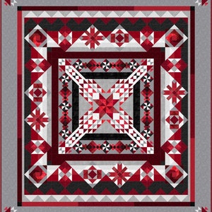 以下が含まれることがあります： 赤、白、黒の幾何学模様のキルト。キルトは正方形と三角形で構成されており、中央に星形のデザインがあります。