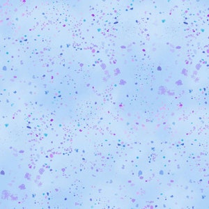 May include: A light blue background with a scattered pattern of small, colorful dots in shades of pink, purple, and blue.