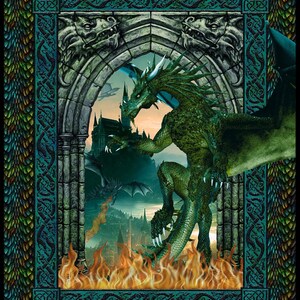 In The Beginning Dragons Emerald Reign 35.75" x 43.5" Dragon Scenic Panel Digital Print Multi Cotton Fabric by the Panel 20DRG-1