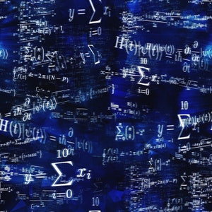 May include: A blue background with white mathematical equations and formulas. The equations include symbols such as sigma, pi, and the derivative symbol. The equations are blurred and overlapping, creating a sense of chaos and complexity.