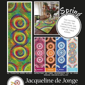 May include: A graphic featuring a table runner pattern with colorful circular designs. The image includes a table runner on a table, and four smaller designs labeled Summer, Autumn, Winter, and Summer Lemonade. Text reads "The Four Seasons" and "Jacqueline de Jonge BeColourful."