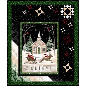 May include: A Christmas-themed quilt panel featuring a winter scene with Santa Claus in a sleigh pulled by a reindeer, a church, and the word "BELIEVE". The quilt has a black background with star and snowflake patterns, and a green border.