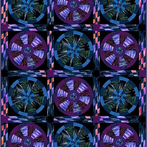 K&ouml;nnte beinhalten: Ein sich wiederholendes Muster aus bunten Kreisen auf schwarzem Hintergrund. Jeder Kreis hat ein Design aus konzentrischen Ringen mit einem zentralen Kreis. Die Farben in den Kreisen sind Blaut&ouml;ne, Violettt&ouml;ne und Gr&uuml;nt&ouml;ne.